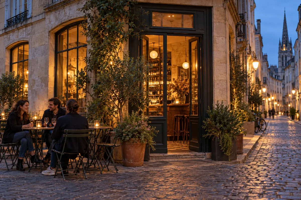 Illustration générée — entrée d’un bar fictif à la tombée du jour
