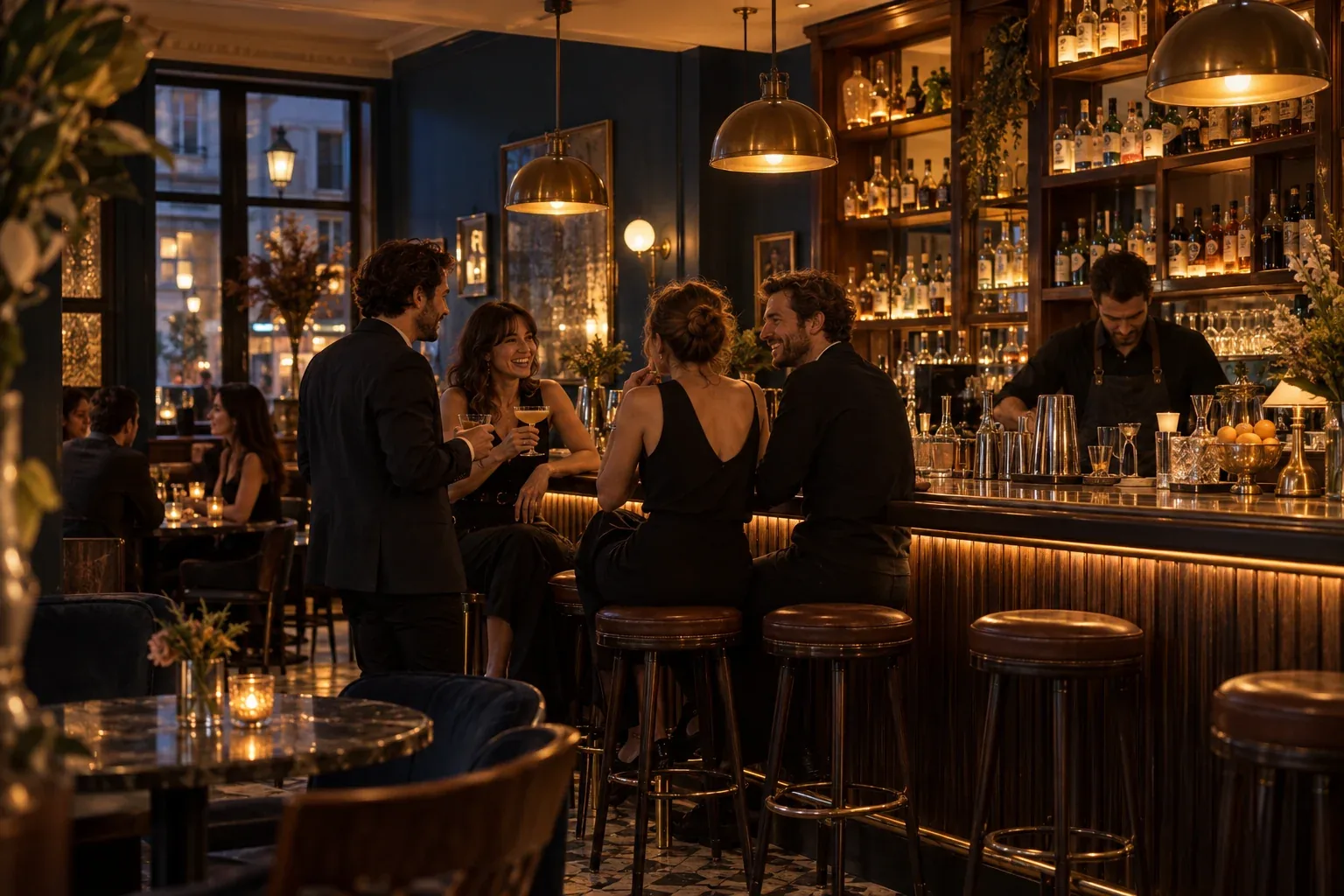 Illustration générée — comptoir d'un bar fictif à la lumière du soir