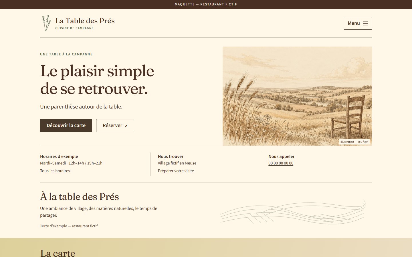 Maquette du site « La Table des Prés » vue sur ordinateur.
